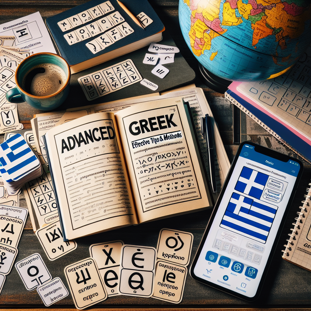 Flat lay of advanced Greek learning books, flashcards, smartphone app, and globe for effective study methods.