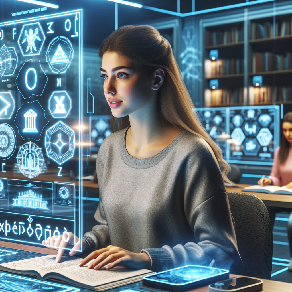 Junge Frau lernt Griechisch mit futuristischer Hologramm-Technologie in moderner Bibliothek. Griechisch Vokabeln Lernen