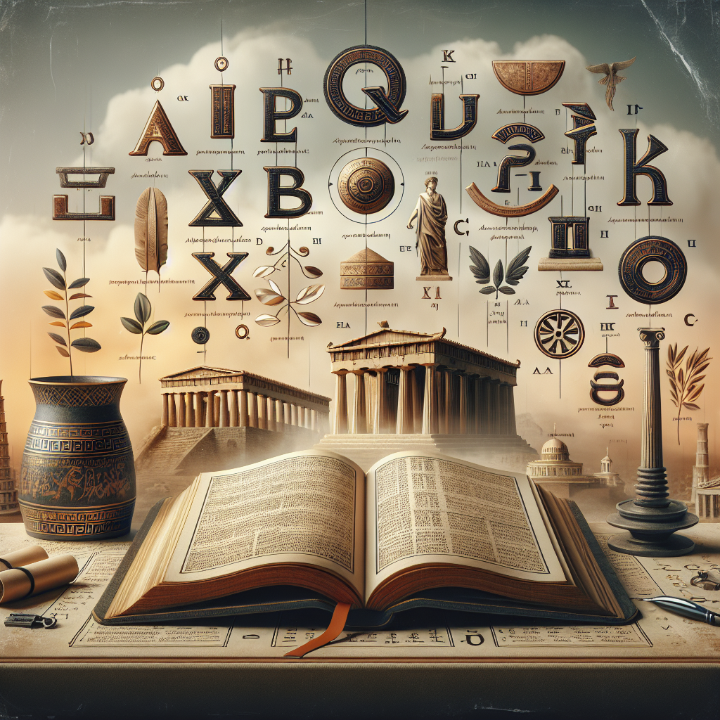 Classical Greek columns, ancient symbols, and an open book representing Greek grammar learning basics.