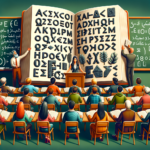 Teacher explaining ancient Greek alphabet and grammar rules to attentive students in a classroom setting.